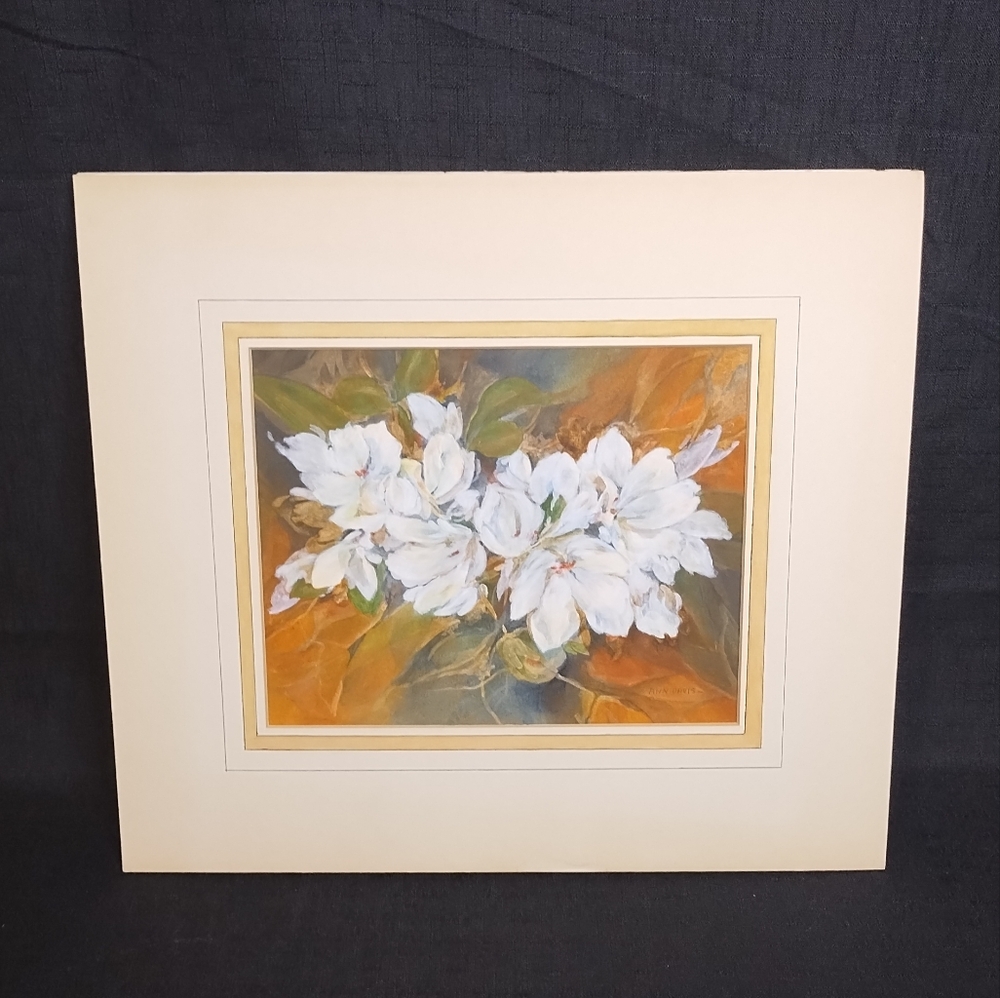 Gorgeous Vintage Hand Painted Acrylic Artwork of White Flowers by Ann Davis